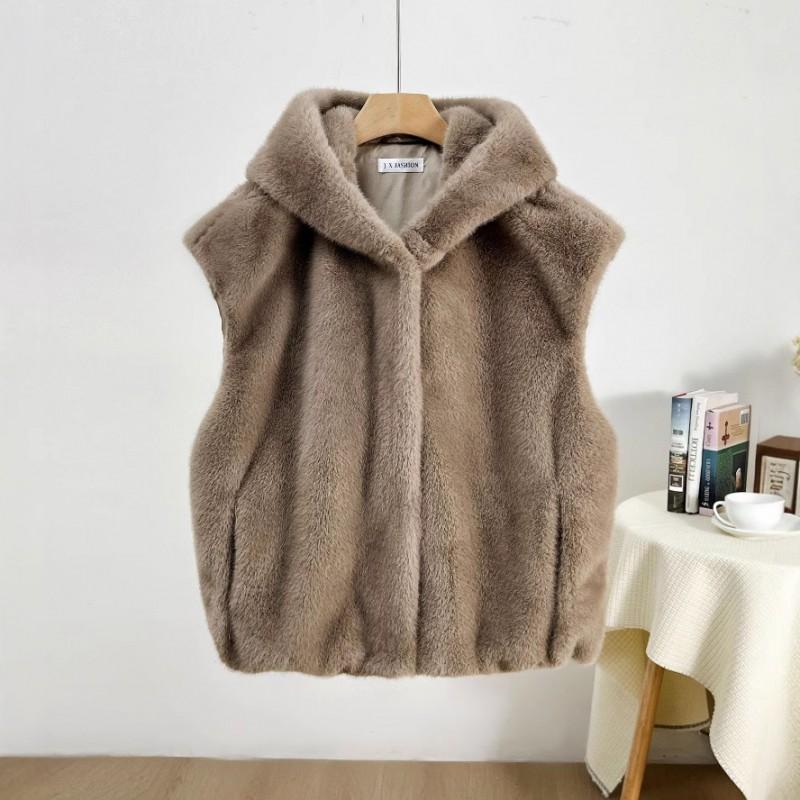 Nuovo Gilet con Cappuccio da Donna in Ecopelliccia Gilet Corto Monopetto Capospalla Casual