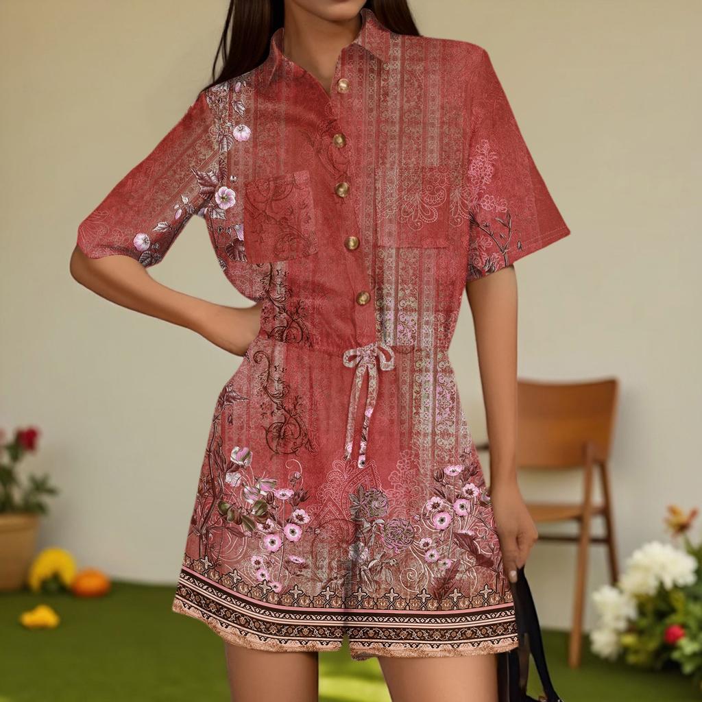 Damenmode V-Ausschnitt Jumpsuit Karomuster Lässig Kurzarm Top Jumpsuit