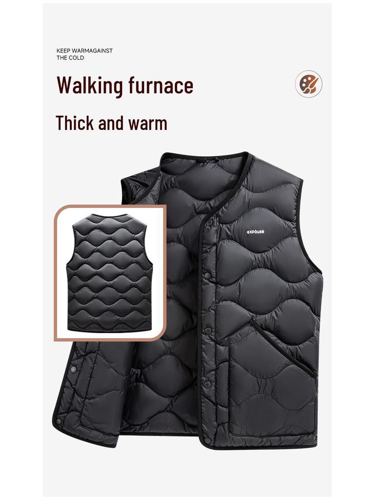 Men's Lightweight White Duck Down Vest - Solid Color, Sleeveless, Versatile, Warm Inner Layer for Autumn/Winter.