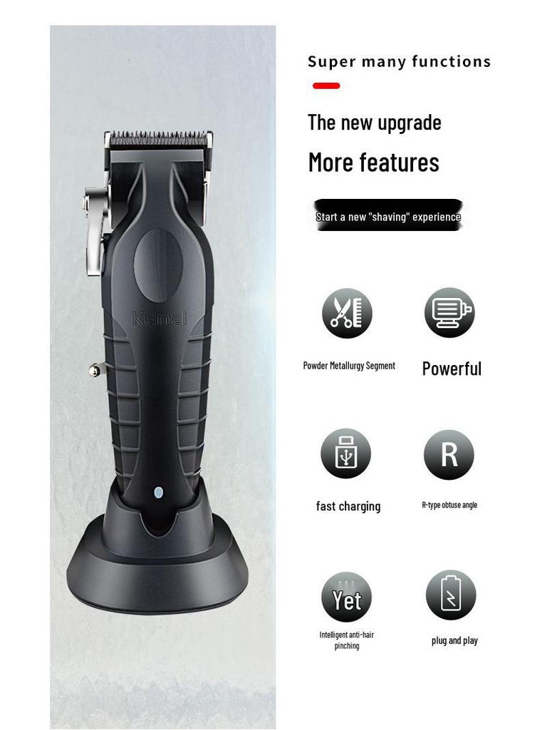 Kemei KM-2296 Electric Hair Clipper with Base, USB, Oil Head Engraving, Professional Barber Trimmer