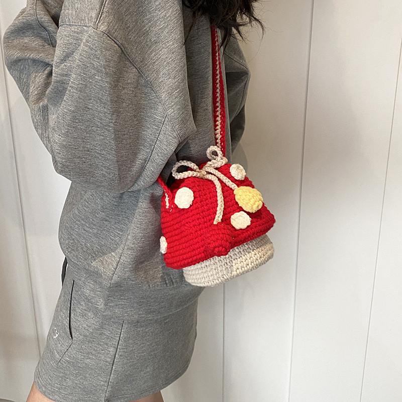 Mushroom Delightful Pattern Knitted Drawstring Bag For Children Unisex And Design Playful