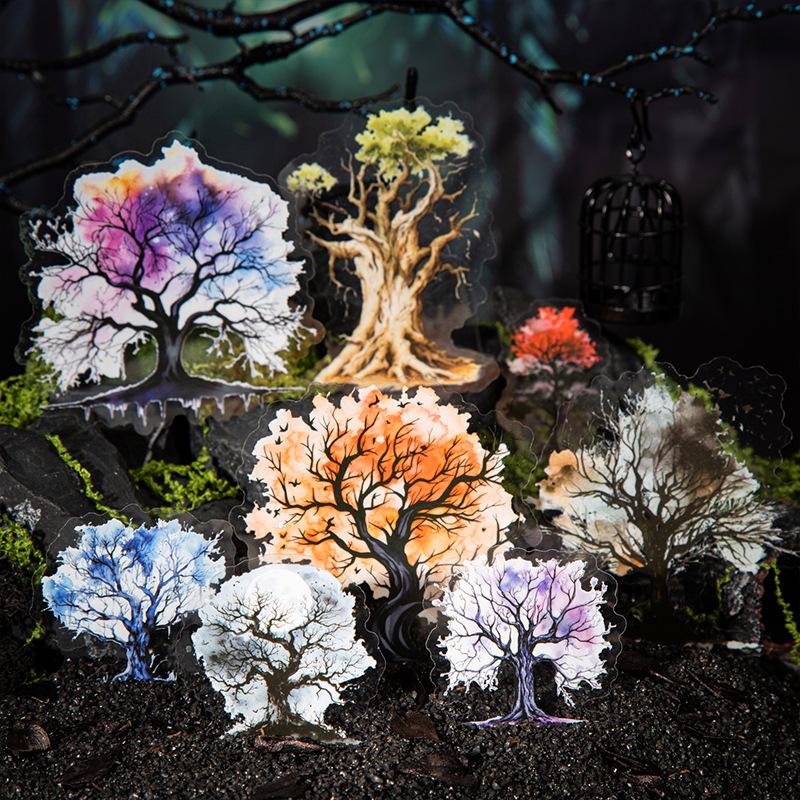 Dark Forest Gothic Scenery Stickers: Retro Withered Branches & Watercolor Leaves for Journals