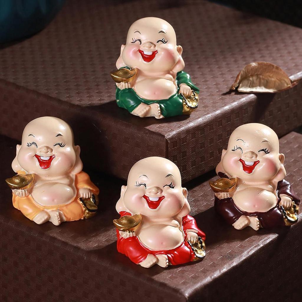 Latest Pack of 4 Laughing Buddha Monk Miniature Statue Showpiece (Multi, 4 Cm X 1.5 Cm) Feng Shui Items for Good Luck for Home Decor