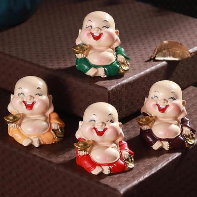 Pack of 4 Laughing Buddha Monk Miniature Statue Showpiece (Multi, 4 Cm X 1.5 Cm) Feng Shui Items for Good Luck for Home Decor