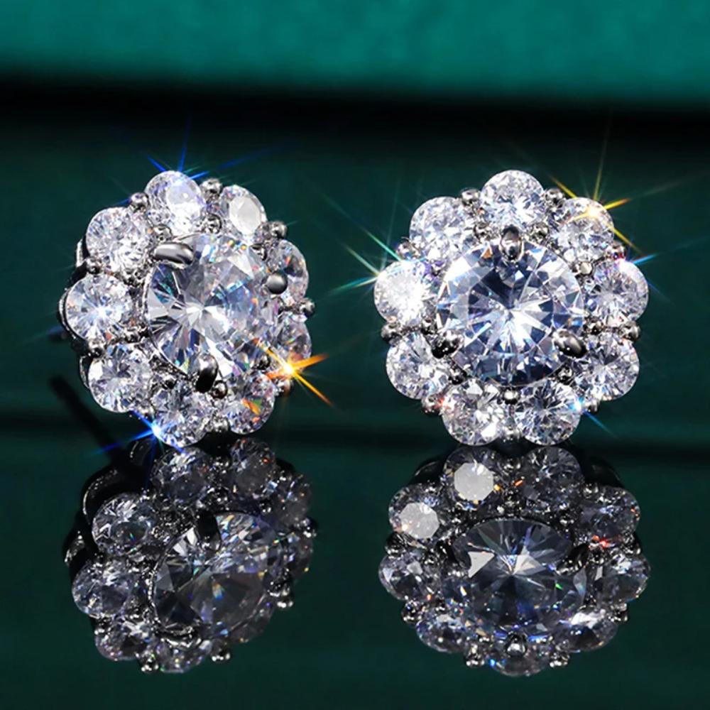 Huitan Romantic Flower Shape Women's Stud Earring Dazzling Round Zirconia Crystal Versatile Accessories Female Statement Zircon