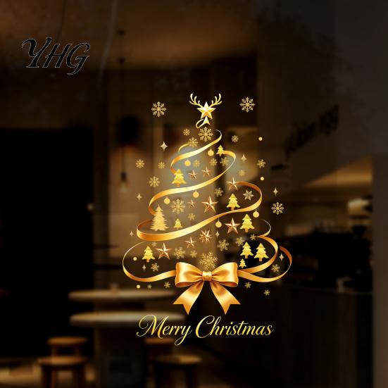 Gold Ribbon Window Stickers Christmas Tree Static Cling, Glass Sticker with Bow, Reindeer Festive Party Decor Antler & Star Snowflake, Reusable