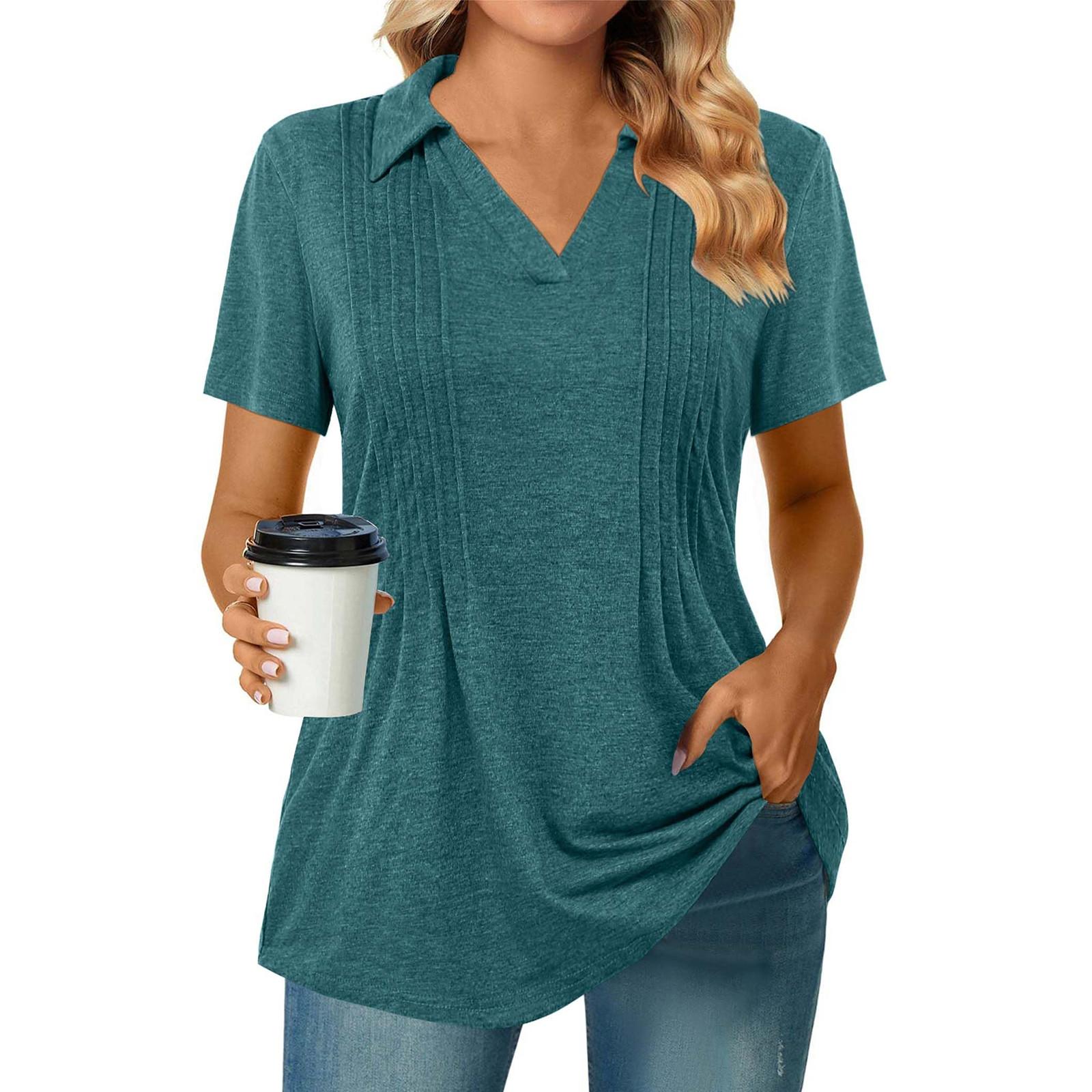 

Женская футболка с коротким рукавом, элегантная повседневная рубашка, весенне-летний наряд, струящиеся плиссированные топы с круглым вырезом спереди, летние топы L армия зеленый