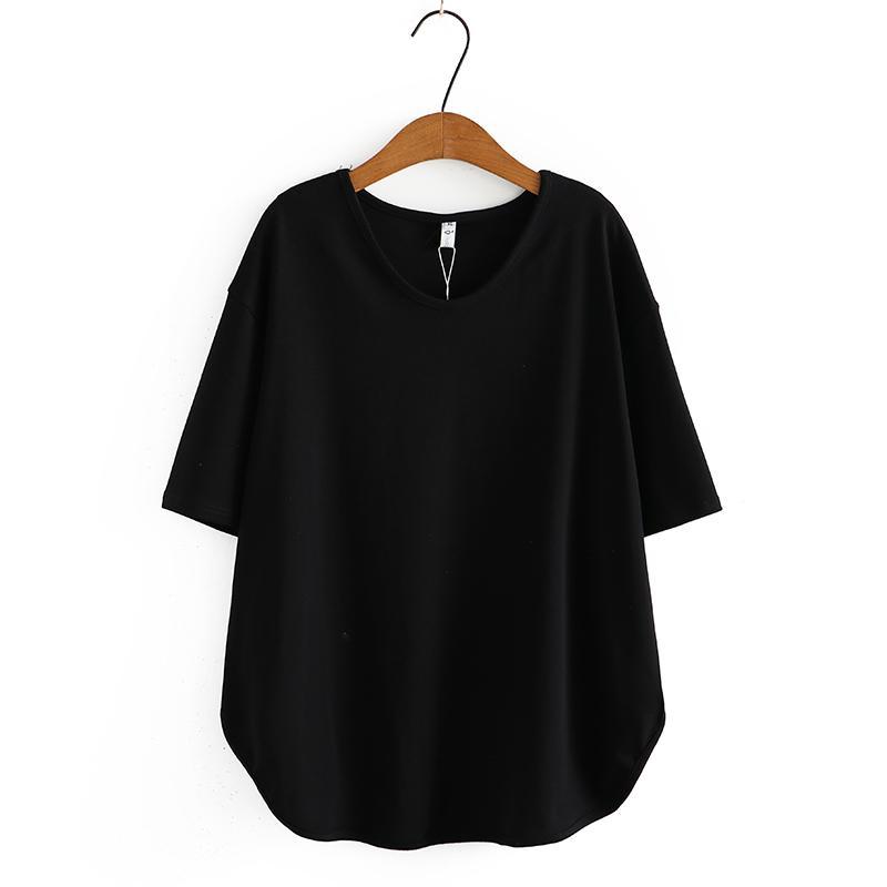 Summer Korean Plus Women's Casual Top Loose Solid Color V-neck Split Simple Short Sleeved T-shirt