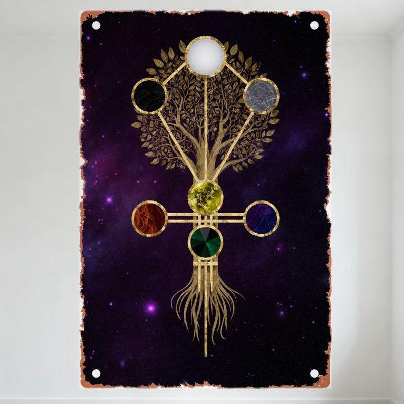 

Винтажная металлическая жестяная табличка Древо Иггдрасиль с космическим фоном, звездами, туманностями, драгоценными камнями, домашний настенный декор для бара, мужской пещеры, ресторана, кафе 20x30cm（7.8x11.8inch）