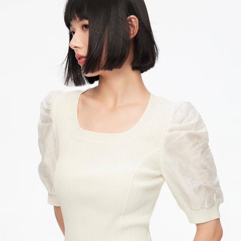 ONLY Women's U-Neck Puff Sleeve Slim Fit Knit Top