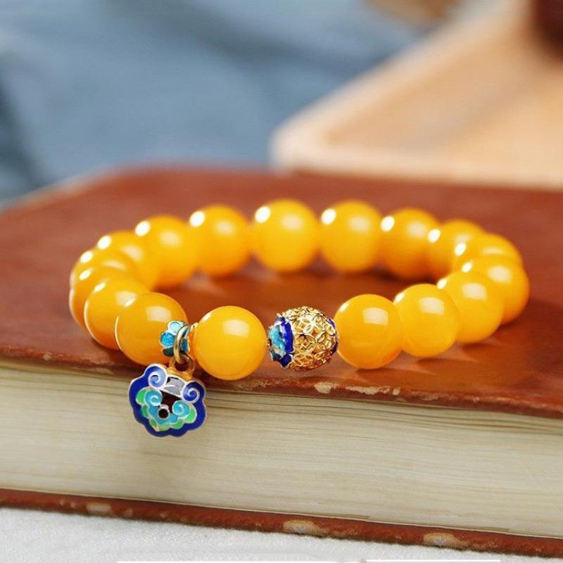 Ancient Gold Craft Yellow Beeswax Beaded Bangles Cloisonne Enamel Design Exquisite Pendant Bracelet For Women Classic Jewelry