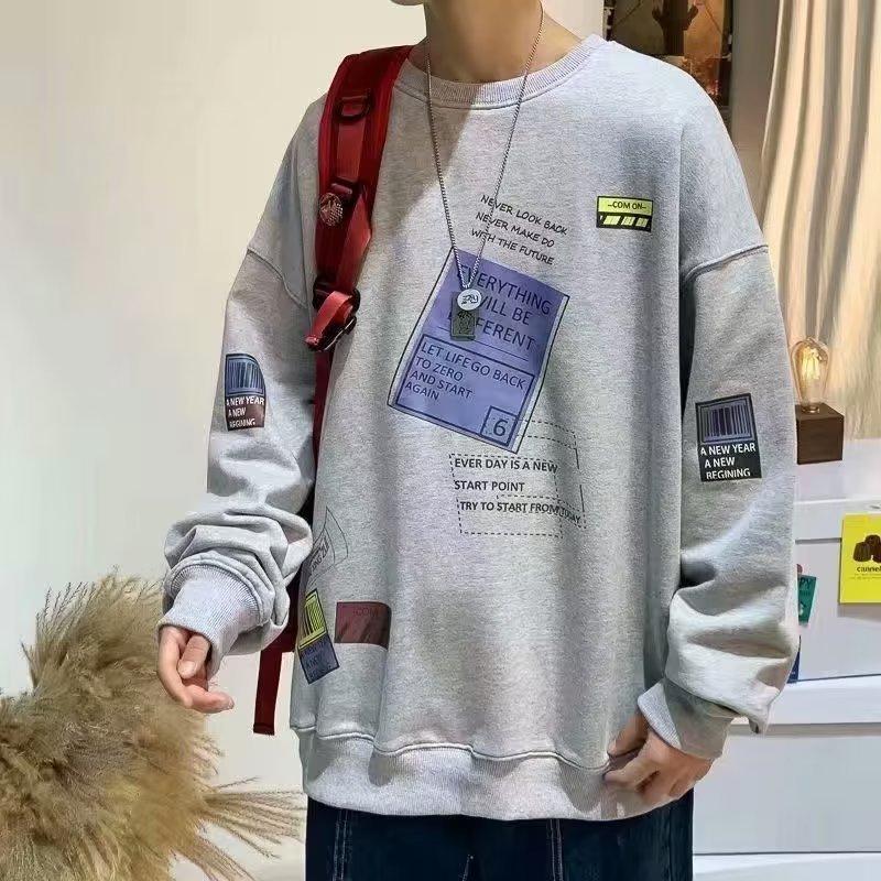 Trendy Brand Versatile Autumn American Loose Round Neck Sweatshirt Thin Men's Fashion Trendy Printed Tops Couple Wear
