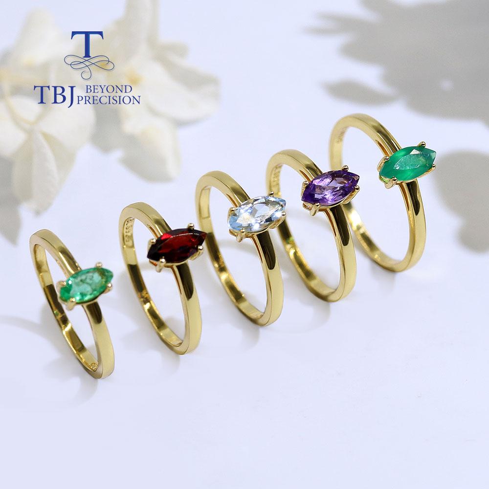 Natürlicher einfacher Edelsteinring, 4 x 8 mm, Granat, Himmeltopas, Amethyst, grüner Achat, 18 Karat Gold über 925er Sterlingsilber, feiner Schmuck