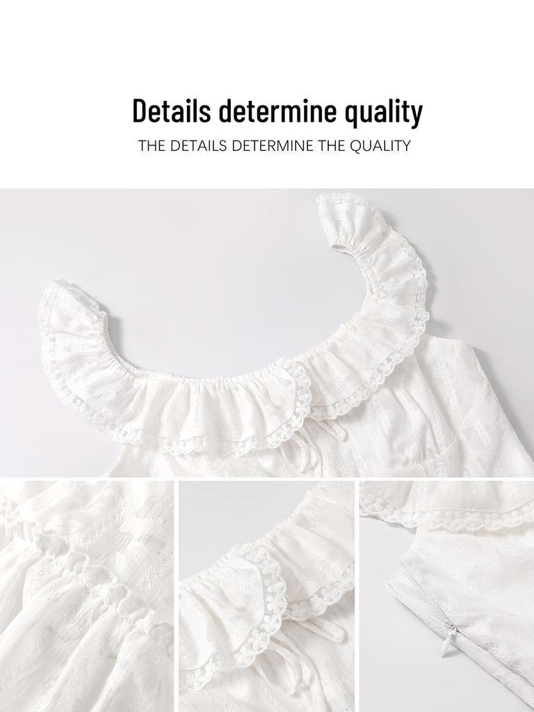 Elegant White Cap-Sleeve Dress: Beautiful Waist-Cinching Petite Short Dress In Old Money Style, Perfect for First Love Moments.