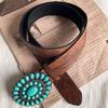 Western Belt with Retro Turquoise Buckle Retro Flower Pattern Faux Leather Women Cool Belt Outfit Accessory