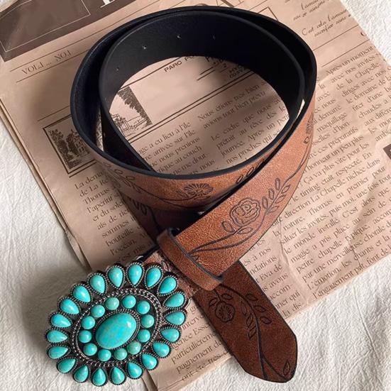 Western Belt with Retro Turquoise Buckle Retro Flower Pattern Faux Leather Women Cool Belt Outfit Accessory