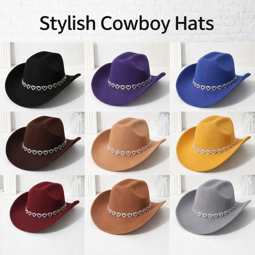 Stylish Breathable Jazz Knight Hat Wide Brim Heart-Shaped Diamond Cowboy Hat Solid Color Sun Hat For Men Women