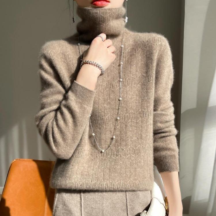 Nowoczesny Damski Sweter z Golfem Grubo Dziergany Zimowy Pulower 100% Wełna Swetry Nowa Saga Damskie Bluzki