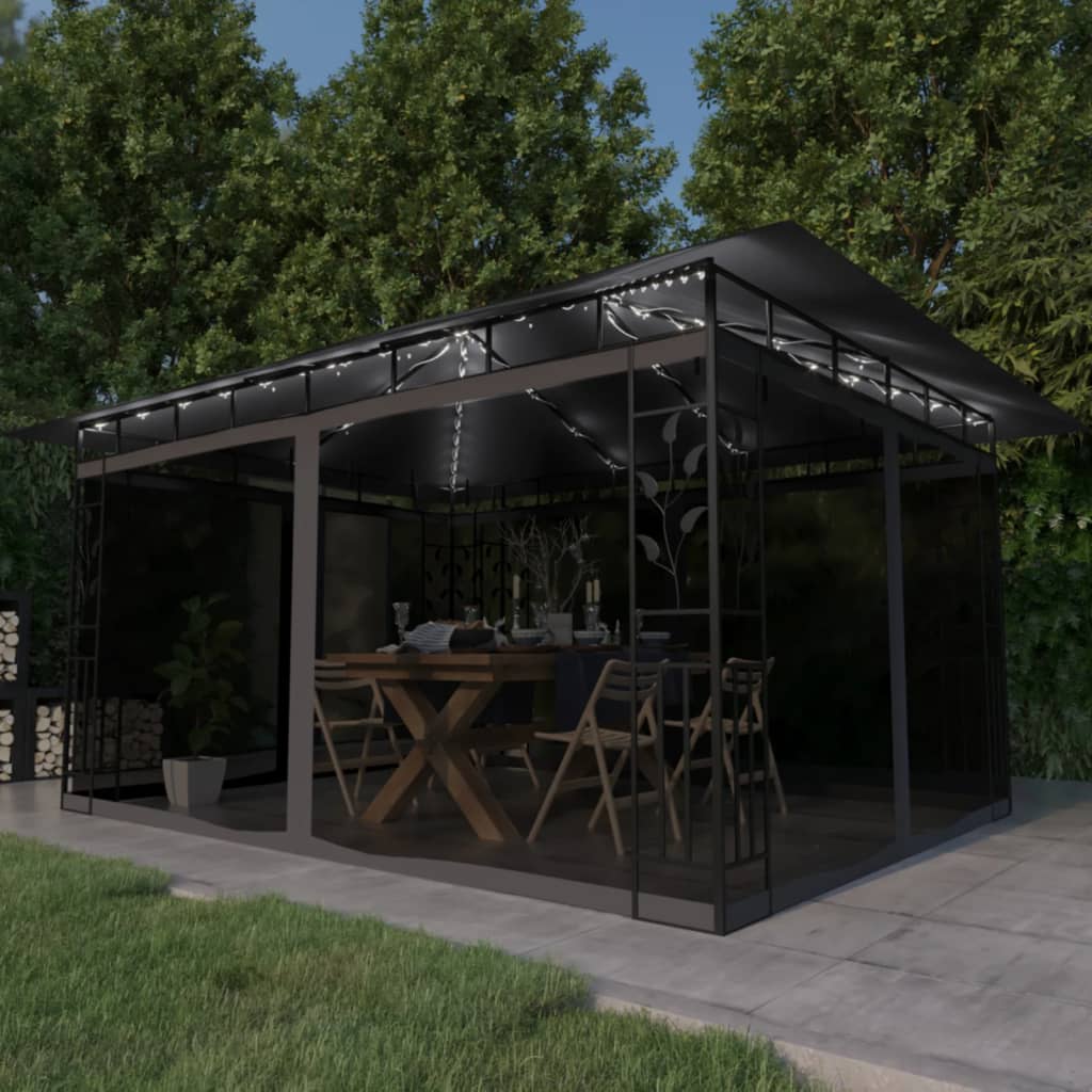 vidaXL Pavillon mit Moskitonetz & LED-Lichterkette 4x3x2,73m Anthrazit dunkelgraue