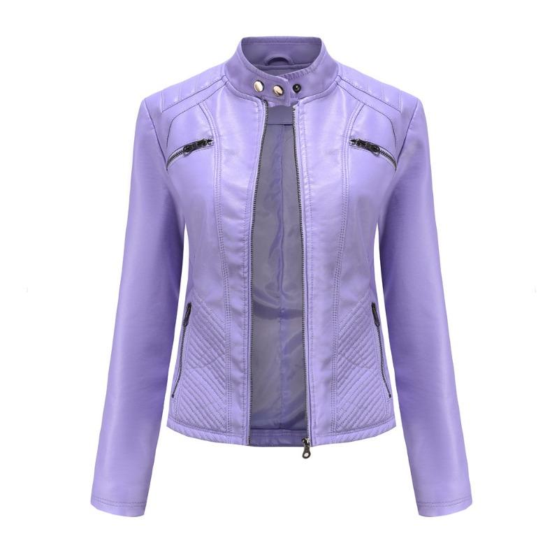 Neue Damen Freizeit Lederjacke Stehkragen Jacke Schlanke Jacke Damen Einfarbig Damen Lederjacke