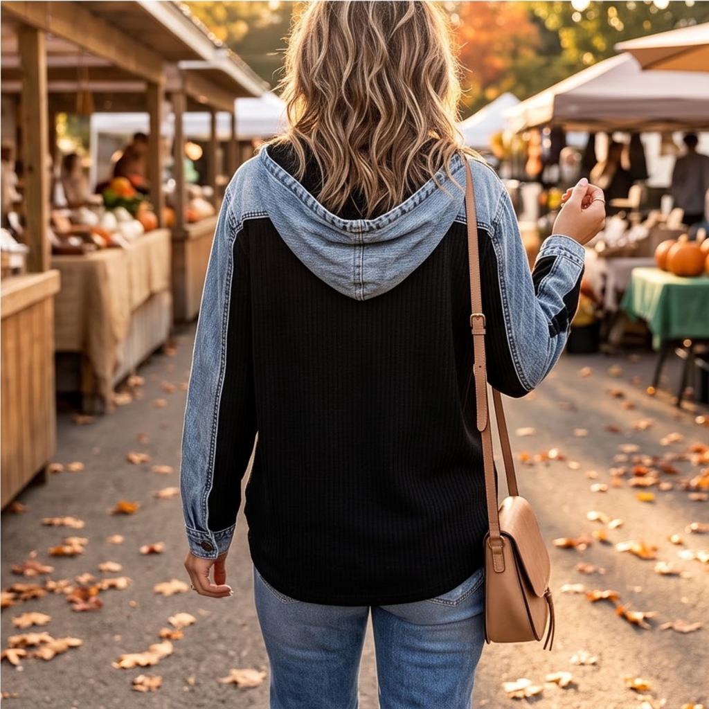 Women's Casual Fashion Color Block Hooded Jacket
