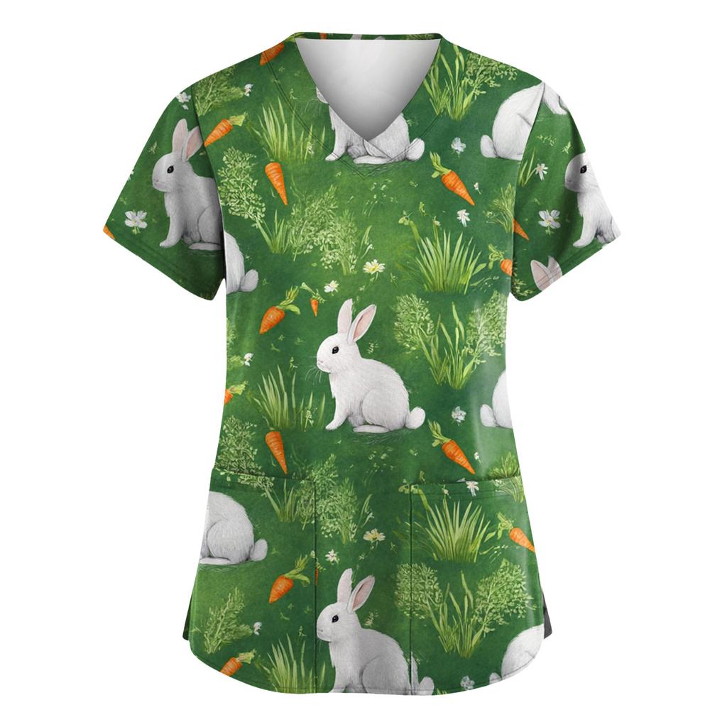 Women's Fashionable V-neck Short-sleeved Work Uniform with Pockets, Easter Print Top, Caregiver Uniform.