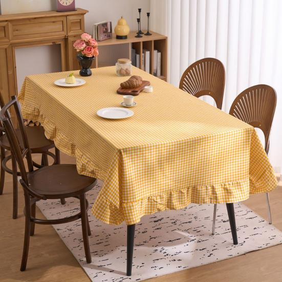 Retro Plaid Ruffle Tablecloth Cotton Linen Farmhouse Table Cover Rustic Machine Washable Tablecloth for Dining Room Garden Party Wedding Baby Shower