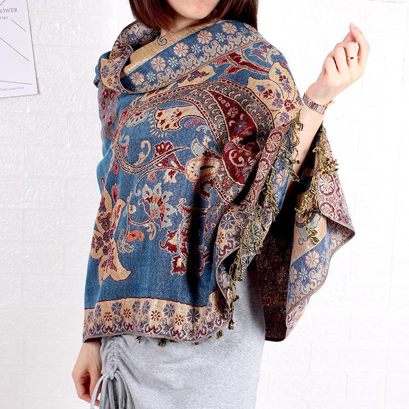 Paisley Pashmina Shawl Scarf Women Jacquard Cashew Printed Scarves Double-side Flowers Borders Female Tassel Blanket Wraps