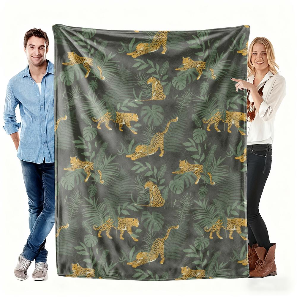 Dschungel-Leopard & Tropisches Blattmuster Fleece-Decke Dunkelgrün Safari-Tier-Überwurf Für Boho-Wohnkultur & Tierwelt-Ästhetik