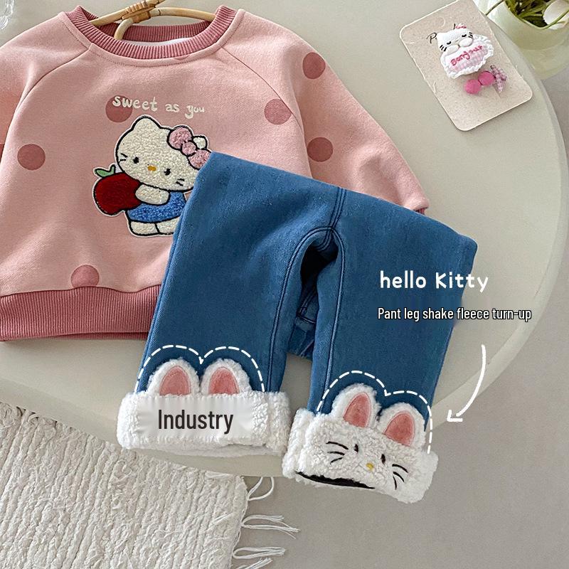 Korean Baby Girls' Fleece-Lined Jeans (0-5 Years) - Trendy Winter Pants AK518