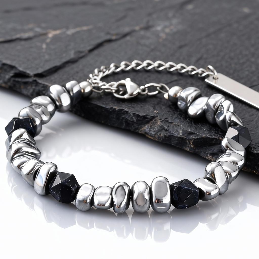 Hip Hop Men's Bracelet,Irregular Silver Gallstone Adjustable Beaded Bracelets,Birthday Party Jewelery Gift