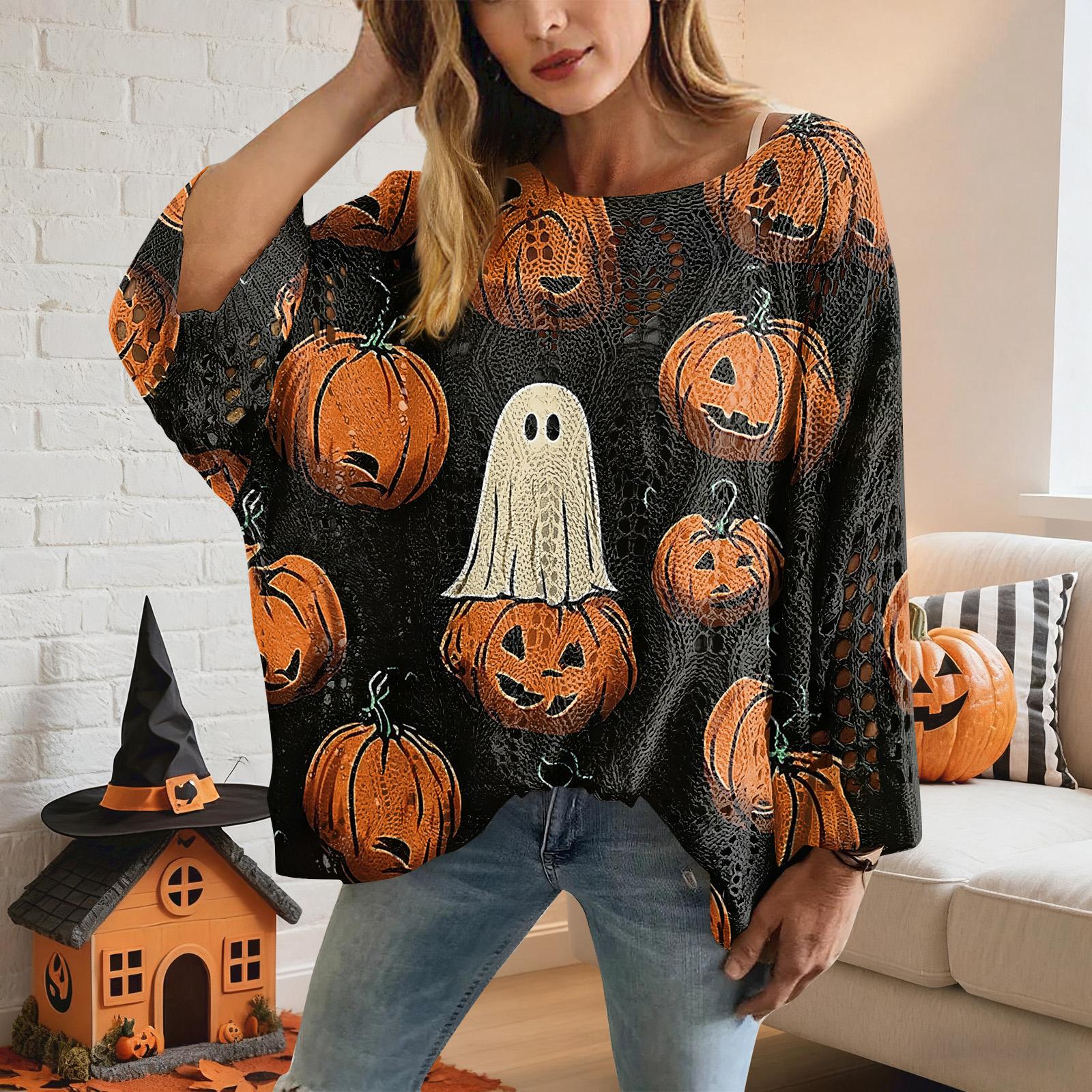 

Halloween Crochet Pumpkin Sweater Women, Oversized Pumpkin Knit Pullover,Witch Hat Cozy Fall Sweater XXL
