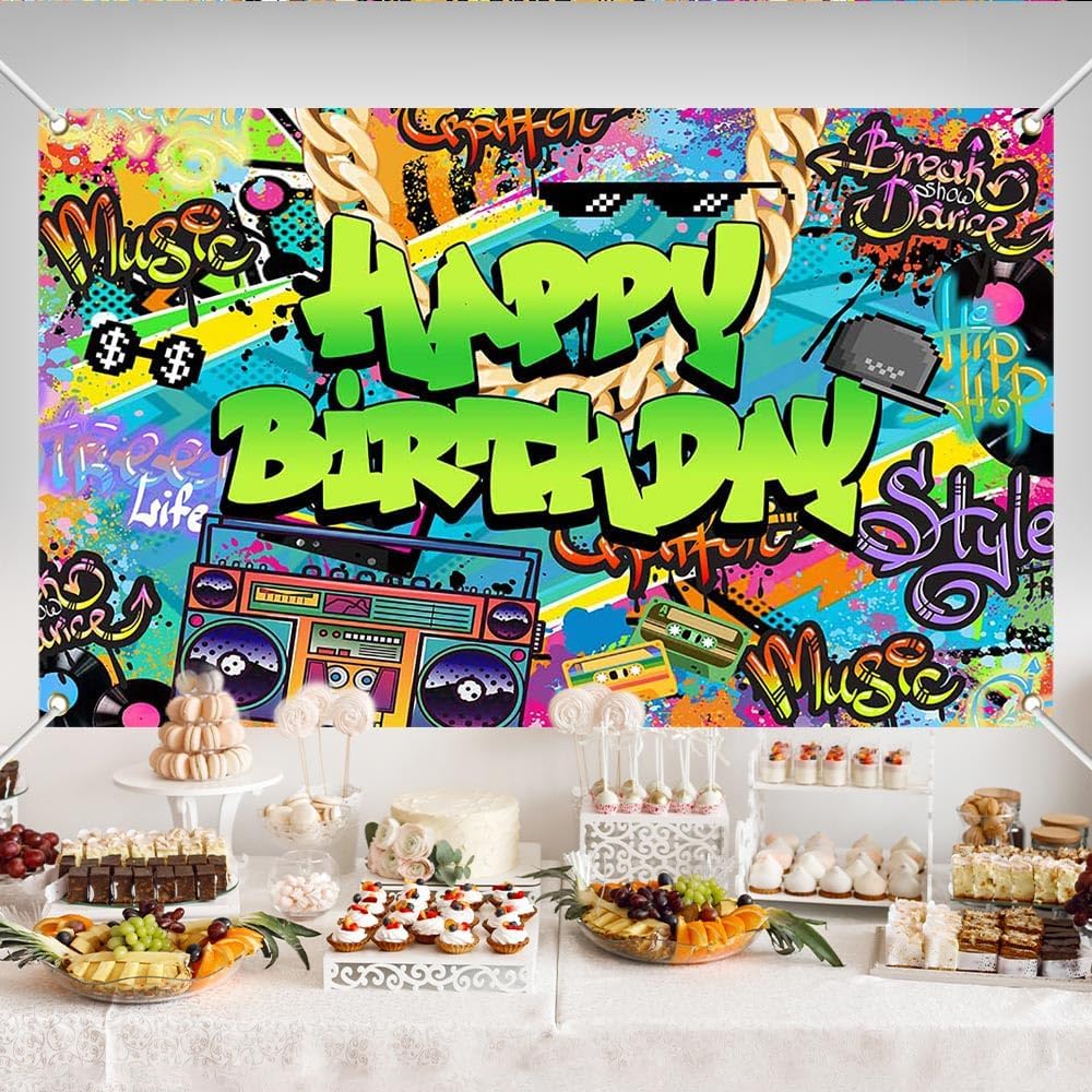 Hip Hop Birthday Banner 70.8x43.3 Inch Polyester Graffiti Colorful Party Decor with Music, Dance, Street Art Design for Birthday Parties, Hip Hop