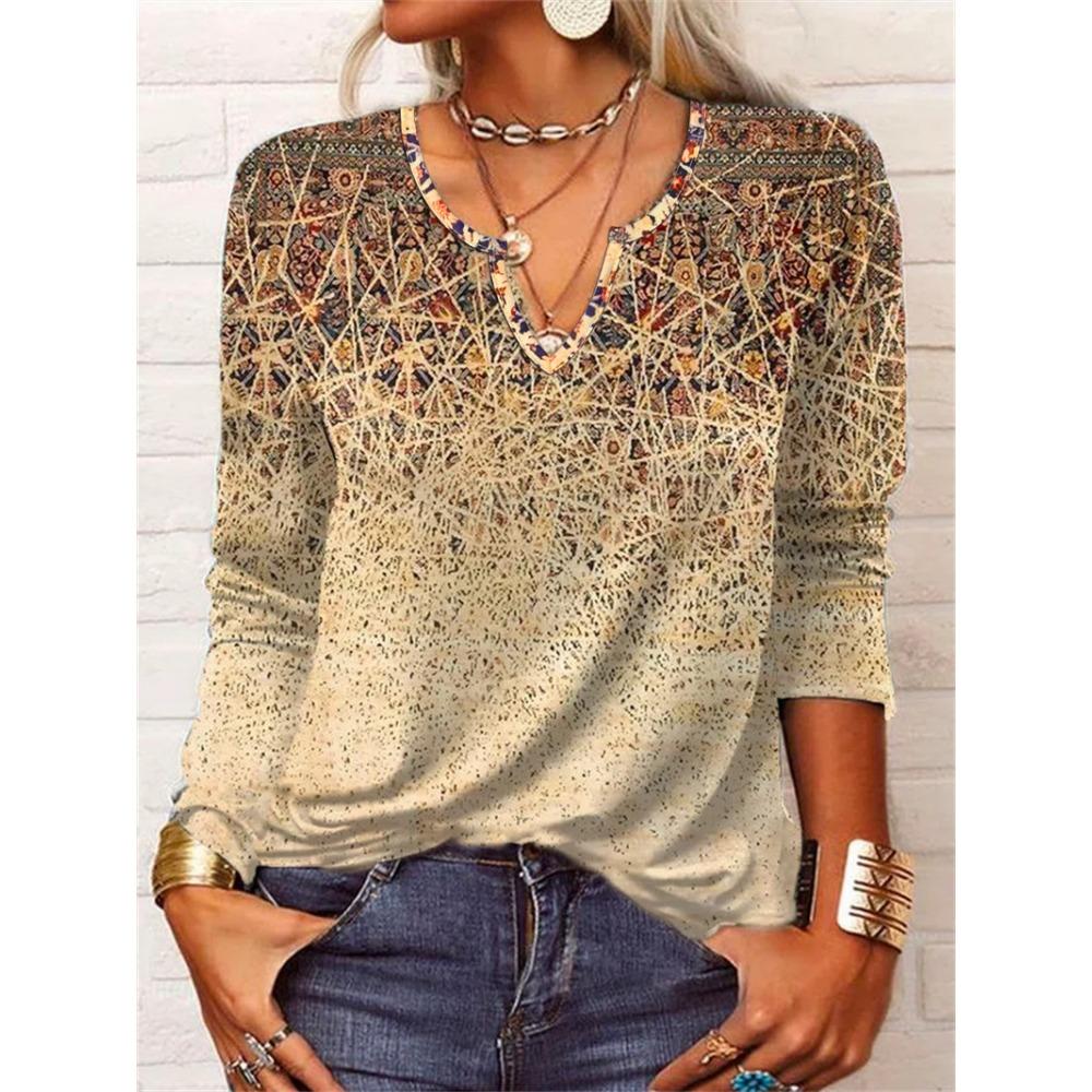 GMXIA Autumn Loose Long Sleeve Flower Bold V-neck T-shirt Base for Women