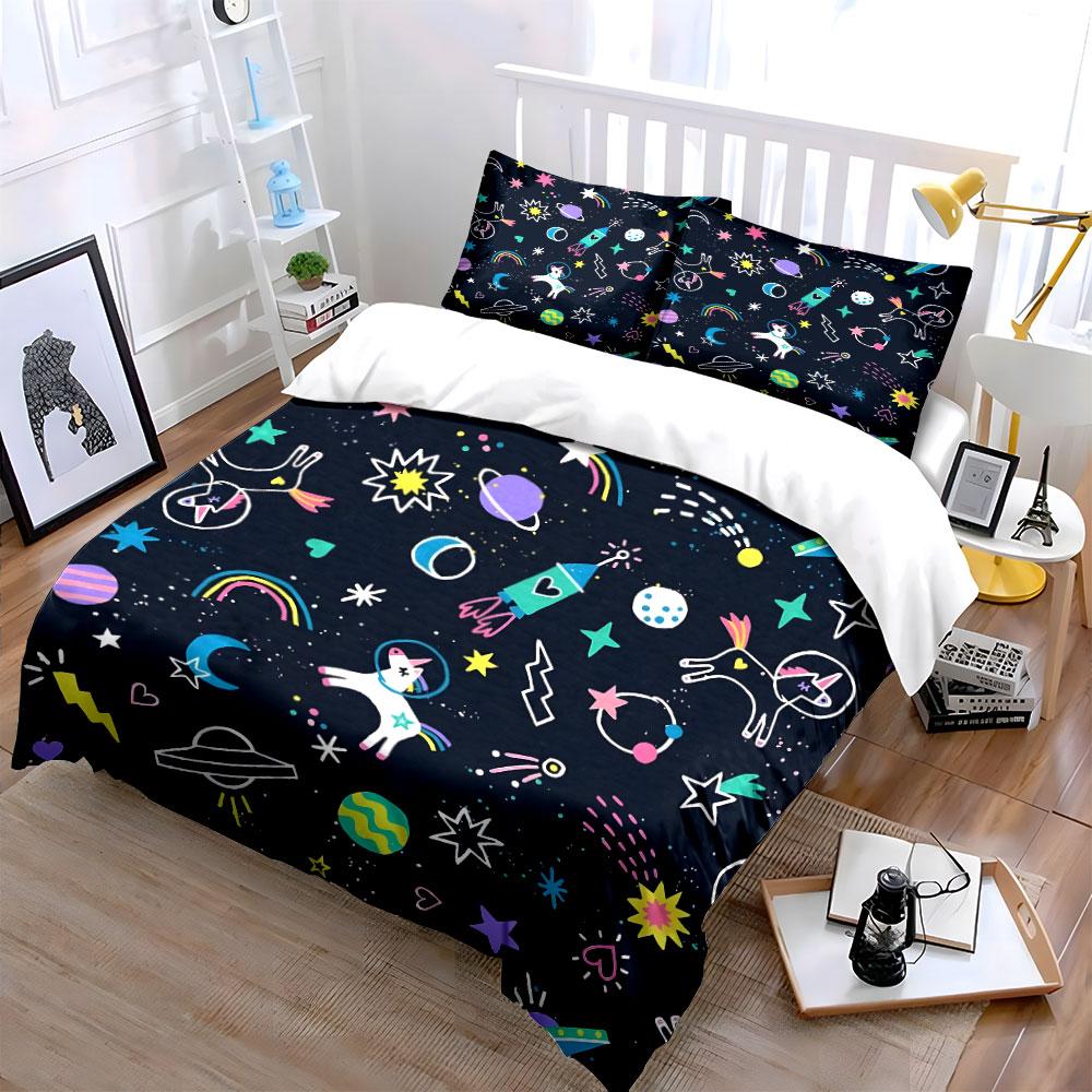 Fantasy Space Unicorns And Stars Print Bedding Set 1 Duvet Cover 2 Pillowcases For Adult And Children Luxury Gift Full Size
