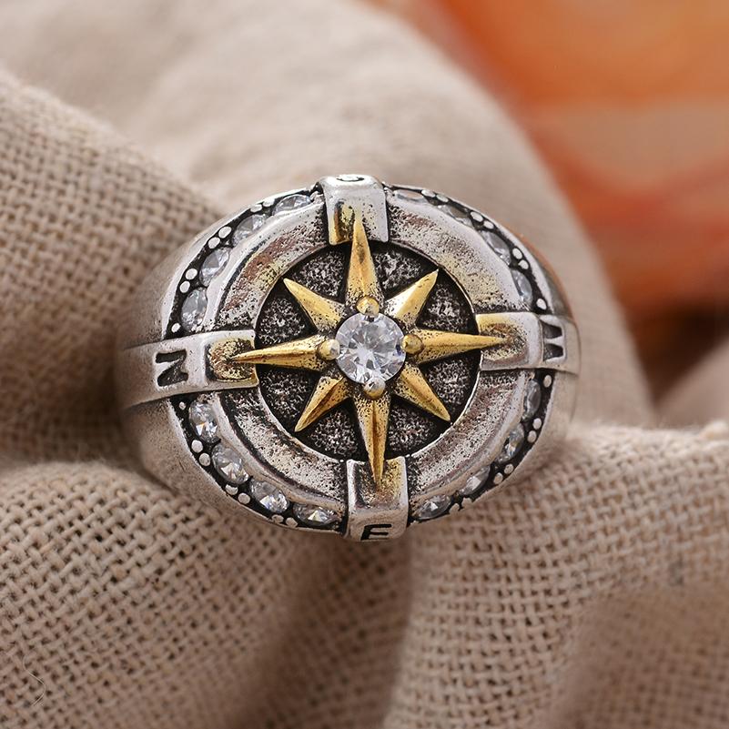 Vintage Compass Design Shiny Crystal Star Thai Silver Men Punk Ring  Hand Accessories Gifts