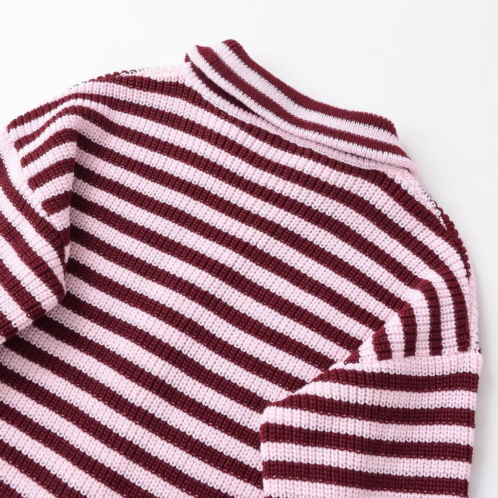 Cardigans rayés en maille ample Printemps Automne pour femmes Col roulé décontracté Fermeture éclair Rose Manteau pull Maille pour femmes Streetwear