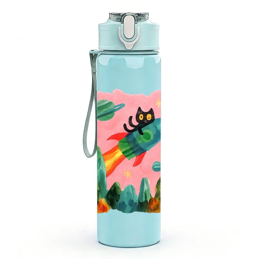1PC Mountain Rocket Cartoon 750ml Color Plastic Sports Water Bottle Leakproof Flip Straw Lid Suitable for Sports Office Home Use