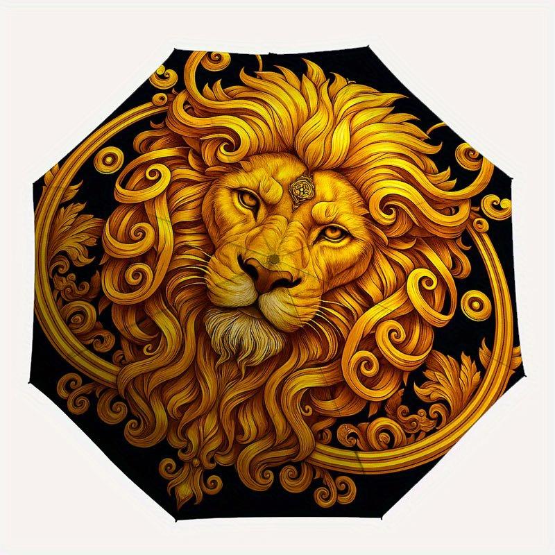 Golden Lion Head Ornament, Luxury Decorative Emblem Umbrella, Cute Umbrella with Cute Design, Portable 3-Fold Compact Umbrella for Men & Women, Valent