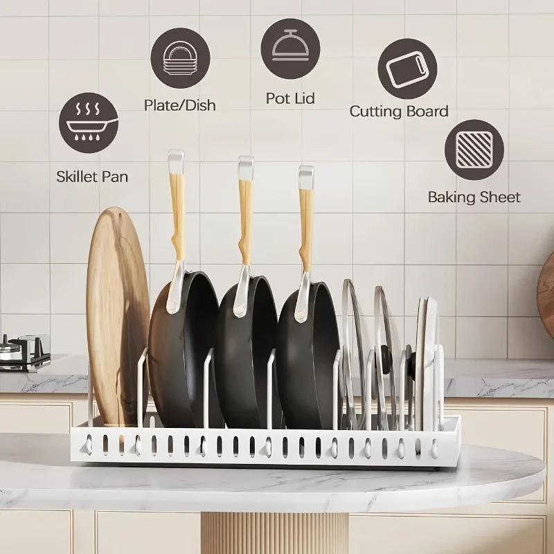 Genialer Ausziehbarer Schrankorganizer! 8 Verstellbare Trennwände für Deckel, Tabletts & Utensilien - Maximieren Sie den Schiebeschrankplatz.