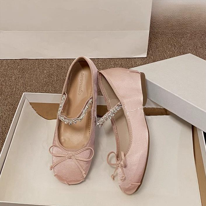 Sheepskin Version Small Man Inner Height Increase 5cm Ballet Shoes Women's Spring and Autumn Rhinestone Bow Light Mouth Satin Shoes