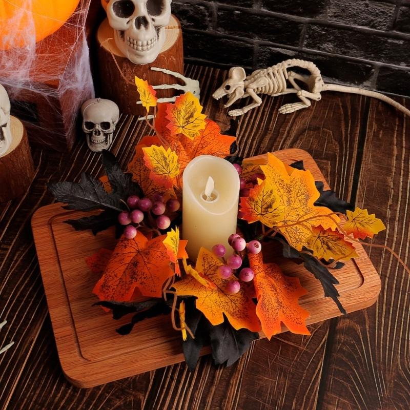 Fall Maple Leaf Candle Wreaths Pack of 5 Tealight Candle Holders Rings for Halloween Parties Table Centerpieces Decors