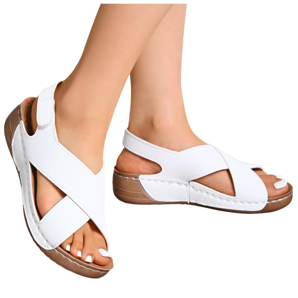 Womens Work Sandals Ladies Summer Retro Solid Colour Leather Slope Heel Thick Bottom Large Size Sandals Zapatos Mujer