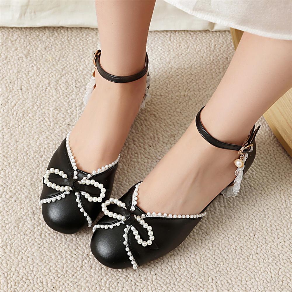 Fashion Spring Autumn Women Low Heels Mary Jane Pumps Party Wedding White Pink Beige String Bead Bow Princess Cosplay Lolita Shoes 31-48