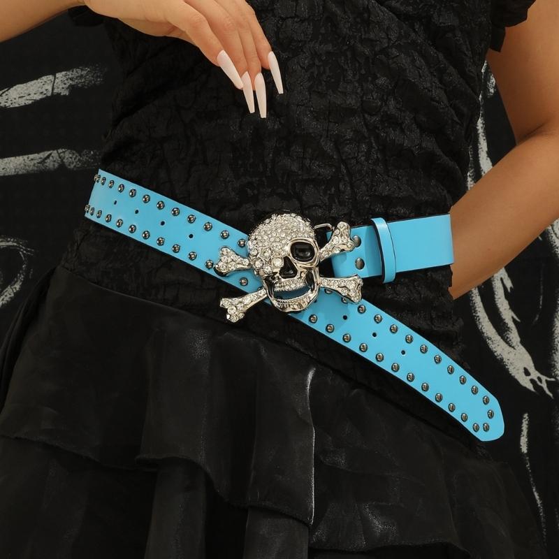 Popular Rhinestones Skull Buckle Belt for Adult Rivet Studded Belt All Matching Western Belt for Daily and Club Wear
