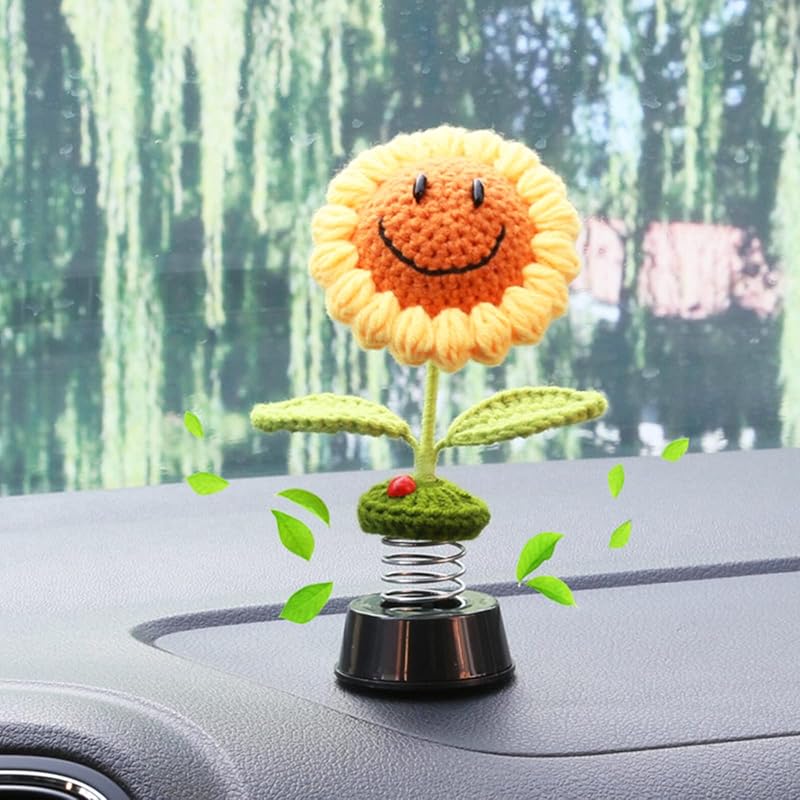 Levvohd Sunflower Car Accessories Dashboard Decorations, Crochet Smiley Shaking Sun Flowers Bobblehead Cars Decor For Women, For Cute Girl Interior
