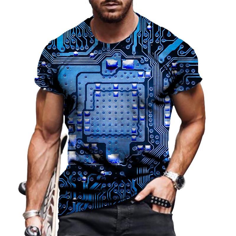Summer Round Neck 3D Circuit Board Print T-shirts Fashionable Casual Short Sleeved Men's T-shirts