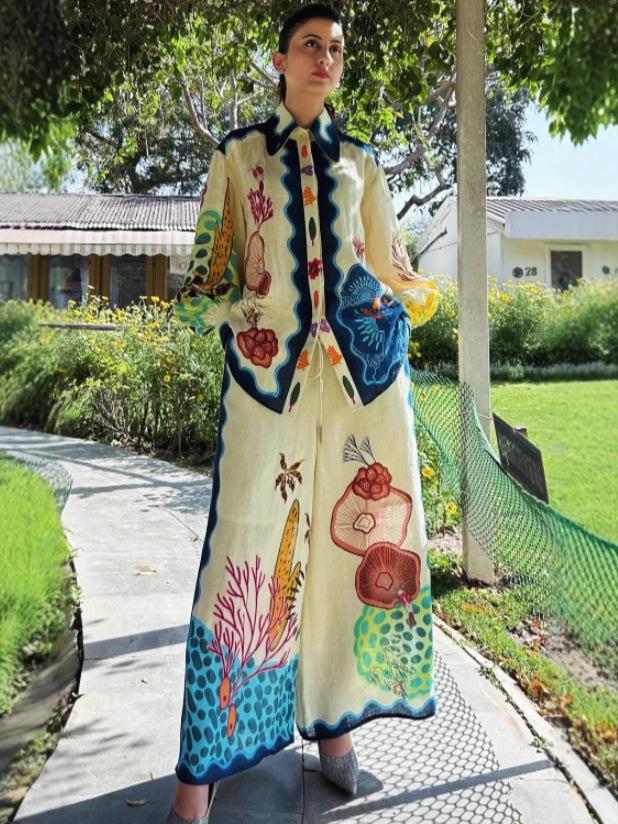 Европейско-американский льняной праздничный повседневный комплект брюк с принтом 2025 года M абрикосовый