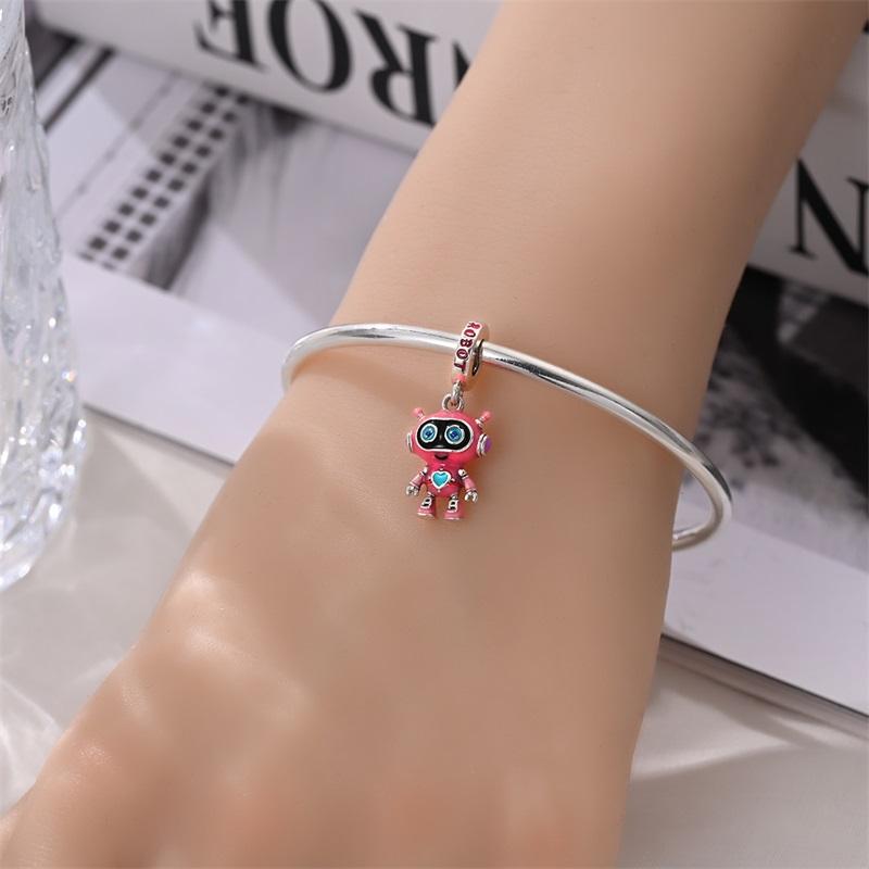 New In Original Charms Copper Sweet Pink Robot Charm Beads Fits 3Mm Original Bracelets For Womens Diy Fine Jewelry Gift
