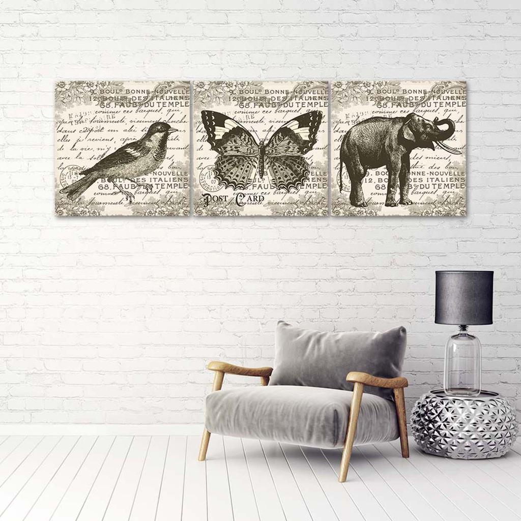 Set of Three Pictures Canvas Print Animals Retro